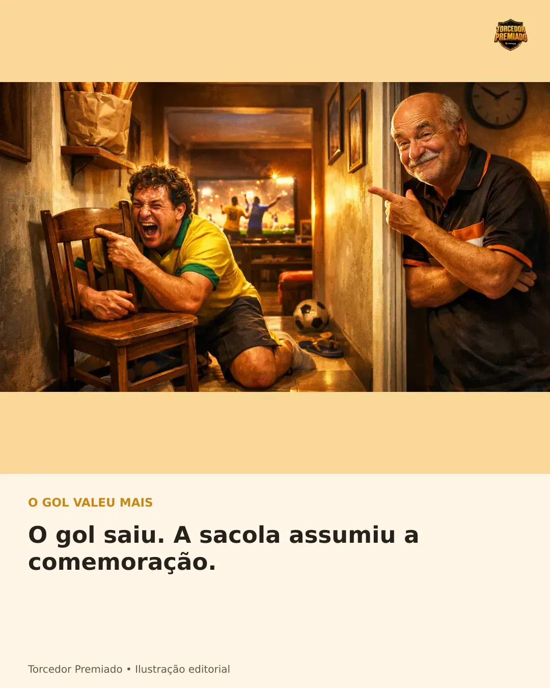 O gol saiu. A sacola assumiu a comemoração. — card para compartilhar.