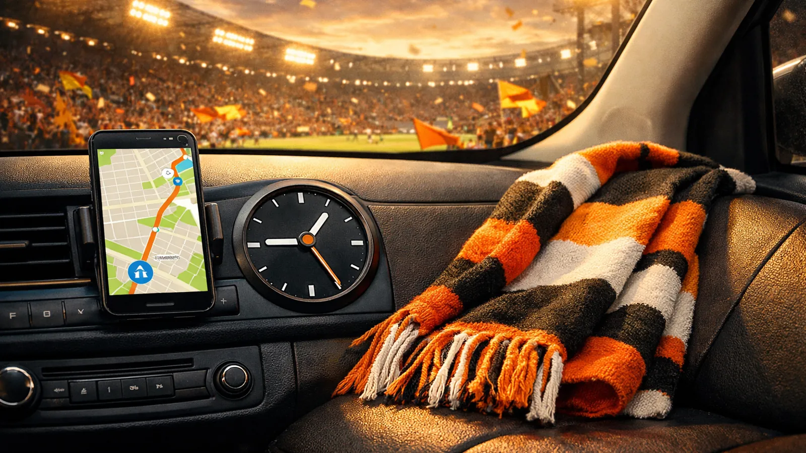 Interior de um carro visto do banco do motorista, com um celular exibindo um mapa ao lado de um relógio analógico no painel e um cachecol listrado sobre o banco do passageiro; ao fundo, vê-se um estádio iluminado.