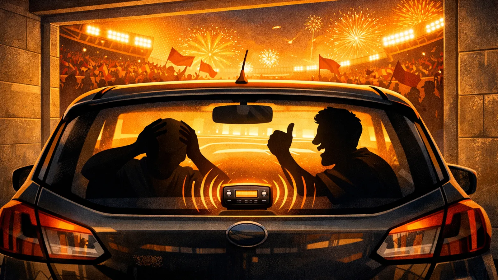 Ilustração de um carro estacionado com quatro portas fechadas enquanto passageiros acompanham os minutos finais de um jogo.