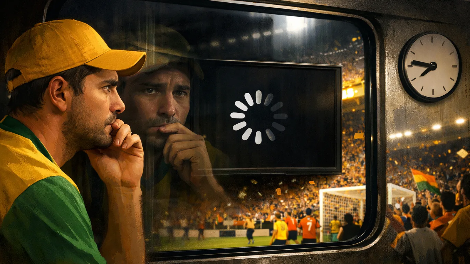 Torcedor de boné e camisa verde e amarela observa uma tela escura com ícone de carregamento; seu rosto aparece refletido na janela, com estádio iluminado e torcida ao fundo.