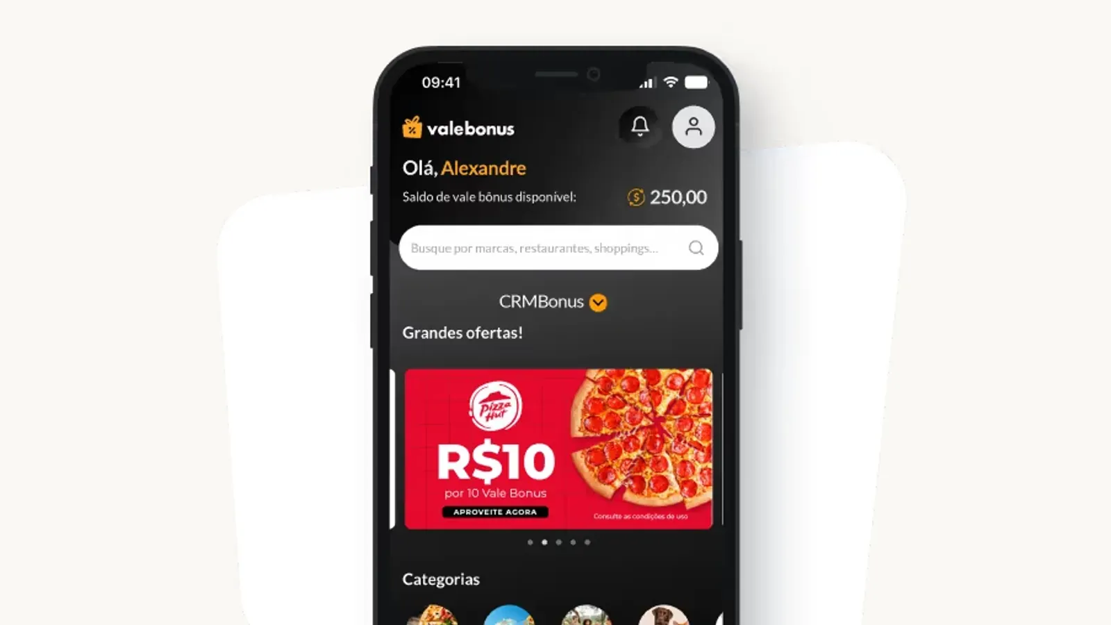 Imagem ilustrativa do aplicativo Vale Bonus; ofertas e saldo mostrados não representam condições atuais.