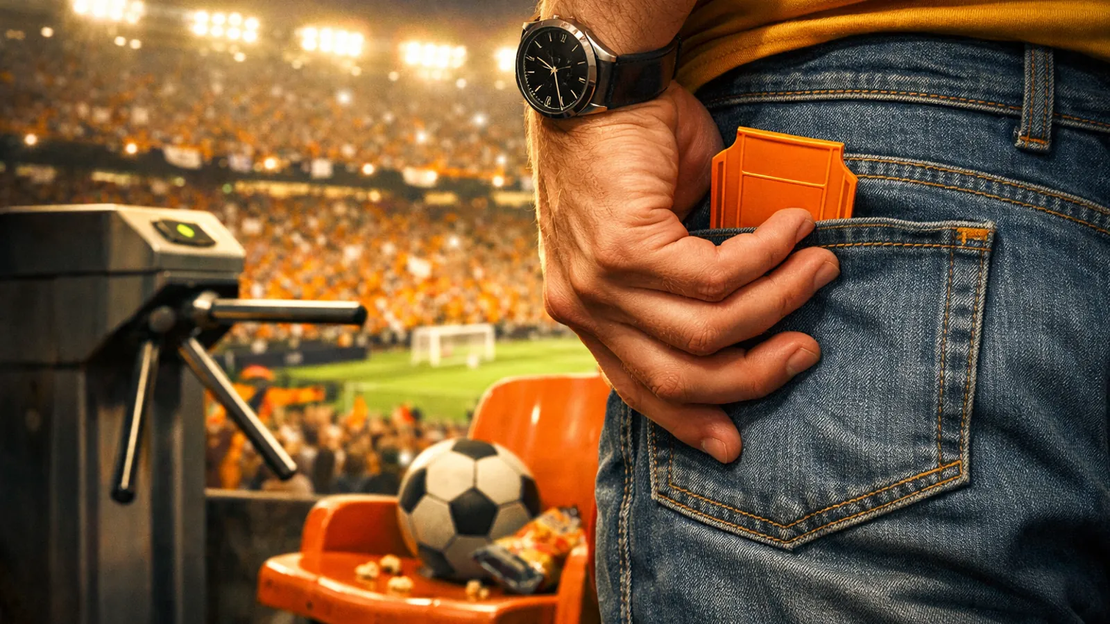 Close de uma pessoa de camiseta amarela e jeans, com a mão sobre o bolso traseiro segurando um pequeno cartão laranja; ao fundo há uma catraca, assentos laranjas, uma bola de futebol e arquibancadas iluminadas.