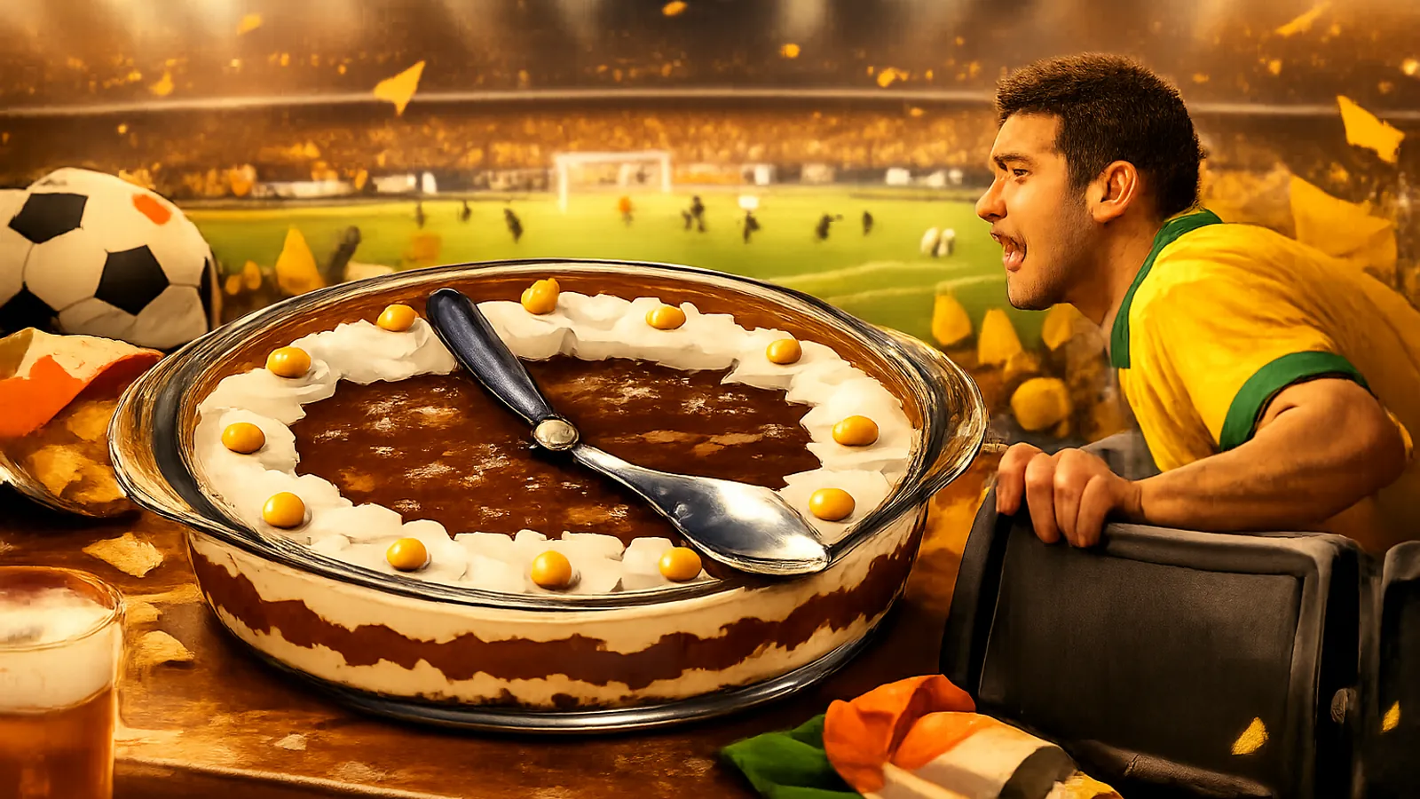 Ilustração de uma travessa redonda de sobremesa cremosa sobre uma mesa, decorada com pequenas porções amarelas ao redor da borda e uma colher grande sobre o doce como ponteiro de relógio. Ao fundo, há um estádio de futebol iluminado, uma bola e um torcedor de camisa amarela ao lado de uma mochila.