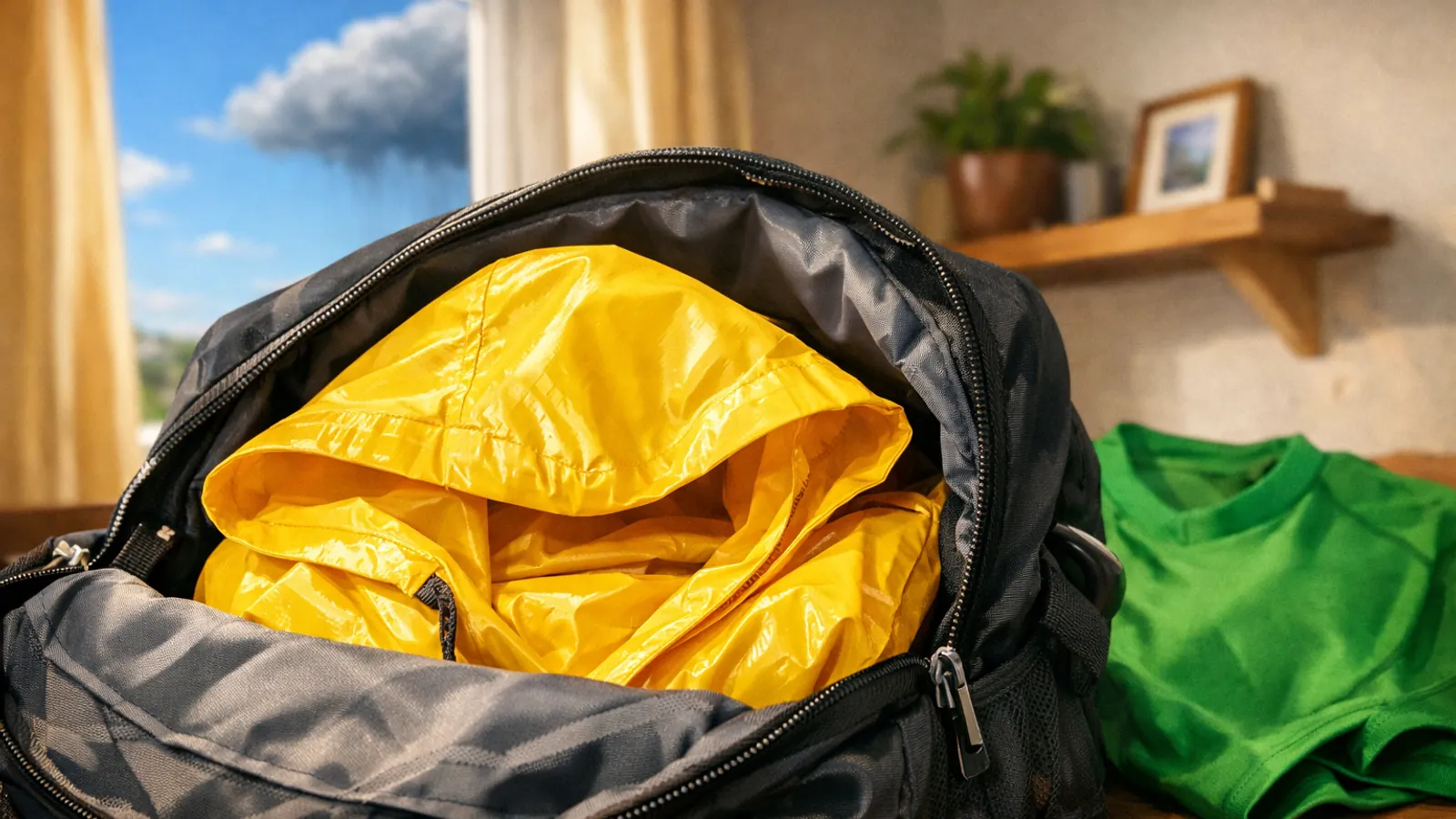 Mochila preta aberta sobre uma mesa com uma capa de chuva amarela brilhante e com capuz dobrada dentro. Ao fundo, uma janela mostra céu azul com nuvens, e uma camisa verde lisa aparece ao lado da mochila.