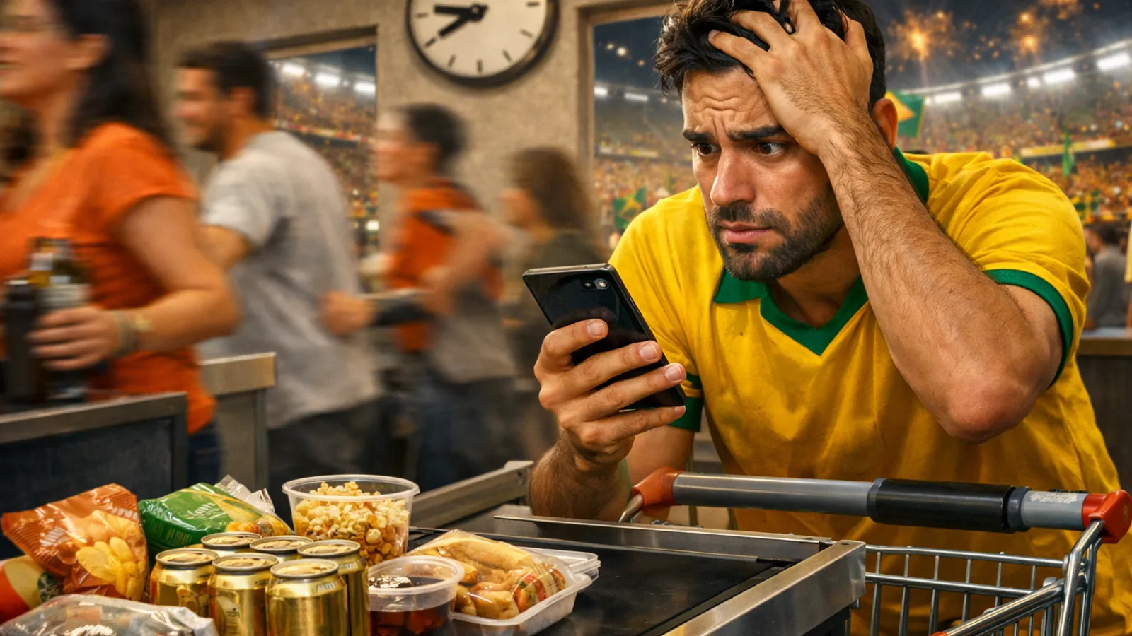 Homem de camisa amarela, com uma mão na cabeça e um celular na outra, ao lado de um carrinho de compras e de produtos sobre a esteira de um caixa; pessoas passam desfocadas ao fundo.