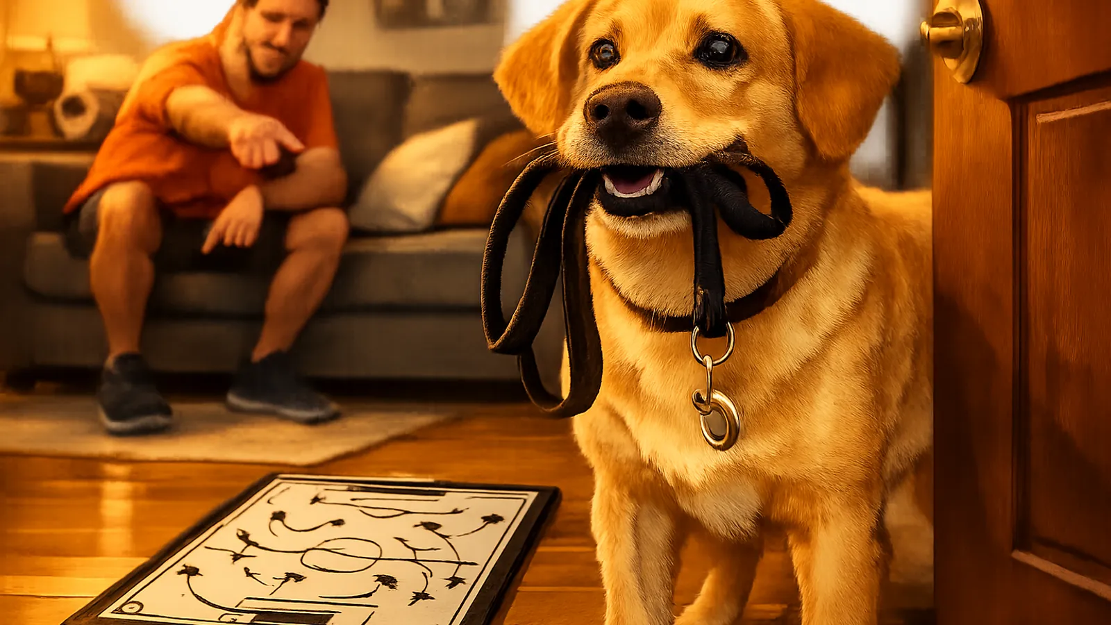 Cachorro caramelo em primeiro plano segura uma guia preta na boca ao lado de uma porta de madeira. No chão, há uma prancheta com desenhos de setas. Ao fundo, um homem sentado no sofá aponta para a prancheta em uma sala.