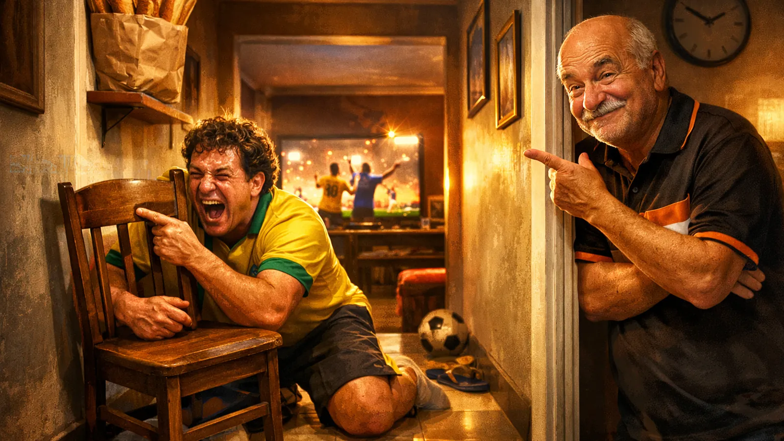 Corredor estreito de uma casa com uma sacola de pães em uma prateleira alta, dois homens em primeiro plano e uma televisão acesa ao fundo.