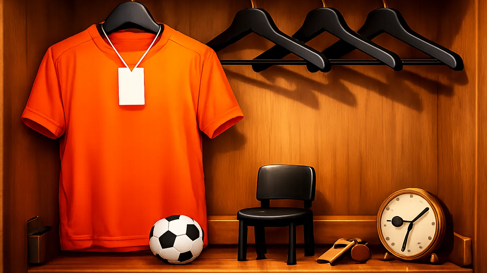 Interior de um armário de madeira com uma camisa lisa laranja pendurada em um cabide e uma pequena etiqueta branca sem texto. Três cabides pretos vazios estão alinhados ao fundo; na prateleira há uma bola de futebol, uma cadeira pequena, um relógio analógico e alguns objetos.
