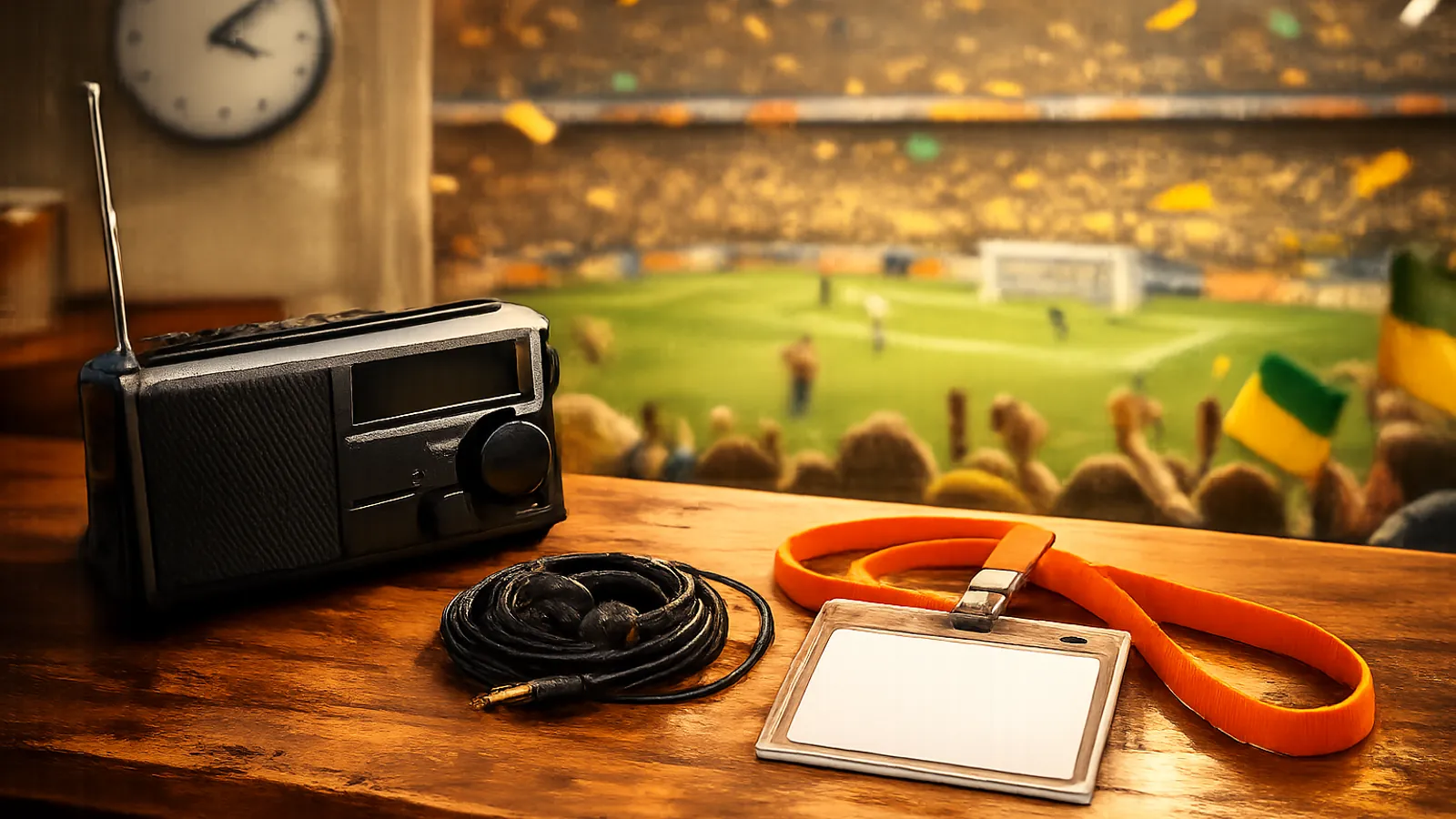 Radinho preto, fone enrolado e crachá em branco sobre uma mesa de madeira, com um estádio de futebol desfocado ao fundo.