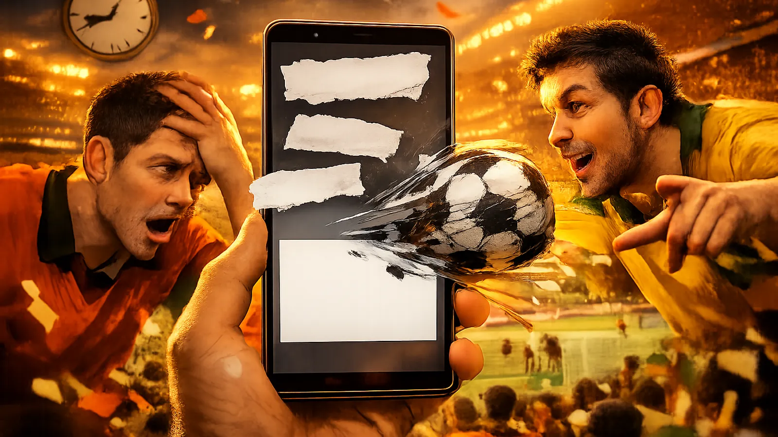 Celular com mensagens de torcida riscadas e um dedo hesitando antes de enviar.