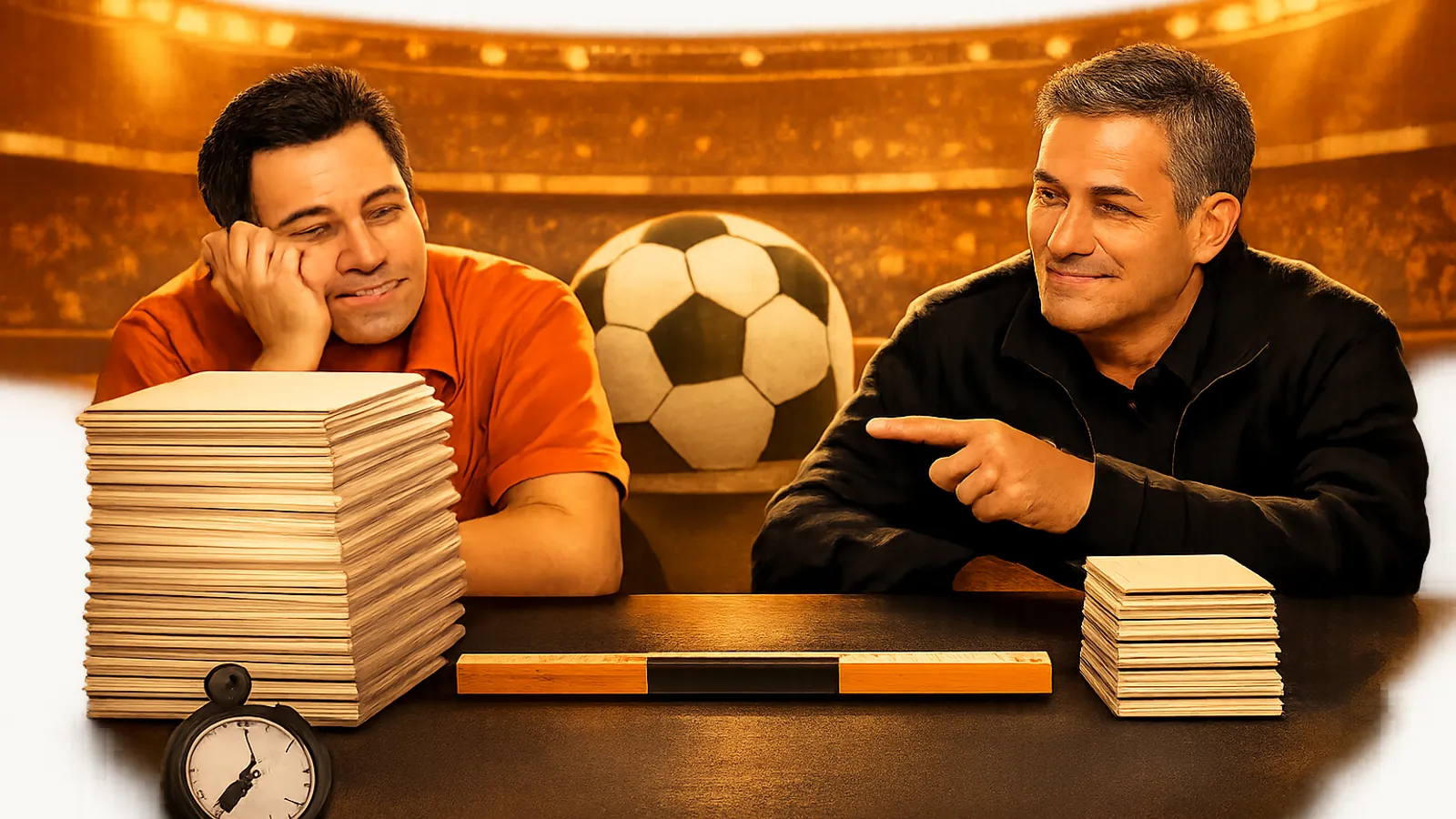 Dois homens sentados à mesa diante de um monte grande e outro menor de cartões ou papéis sem escrita, separados por uma régua laranja e preta; uma bola de futebol e um estádio iluminado aparecem ao fundo.