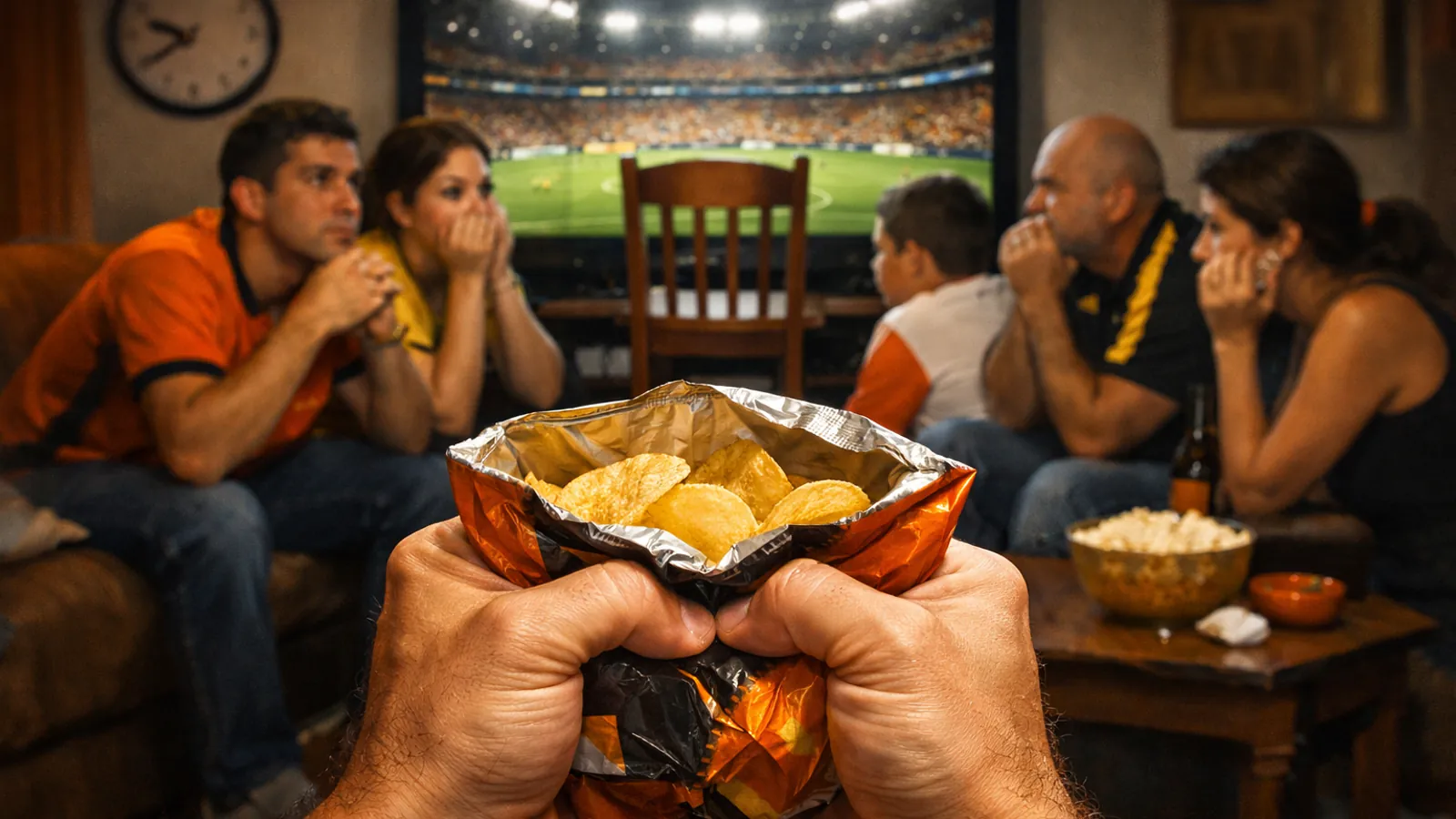 Mãos apertam um pacote aberto de salgadinhos em primeiro plano; ao fundo, cinco pessoas sentadas em uma sala olham tensas para uma televisão com um estádio de futebol.