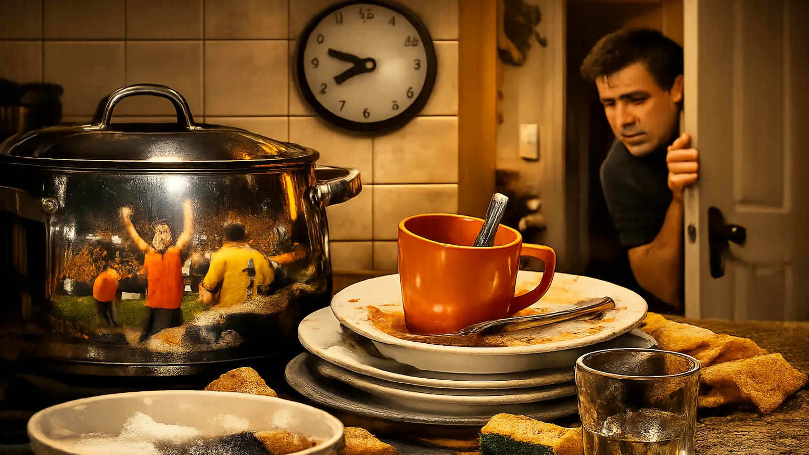Cozinha em tons quentes com uma panela grande refletindo uma cena de futebol, pratos e talheres empilhados, uma caneca laranja, copo, pano e um homem espiando pela porta ao fundo.