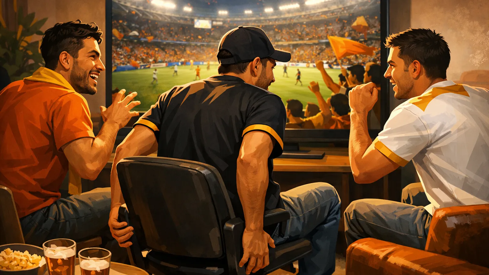 Três homens assistem a uma partida de futebol na TV em uma sala; o homem ao centro, de boné escuro, ajusta a cadeira enquanto os amigos reagem ao jogo.
