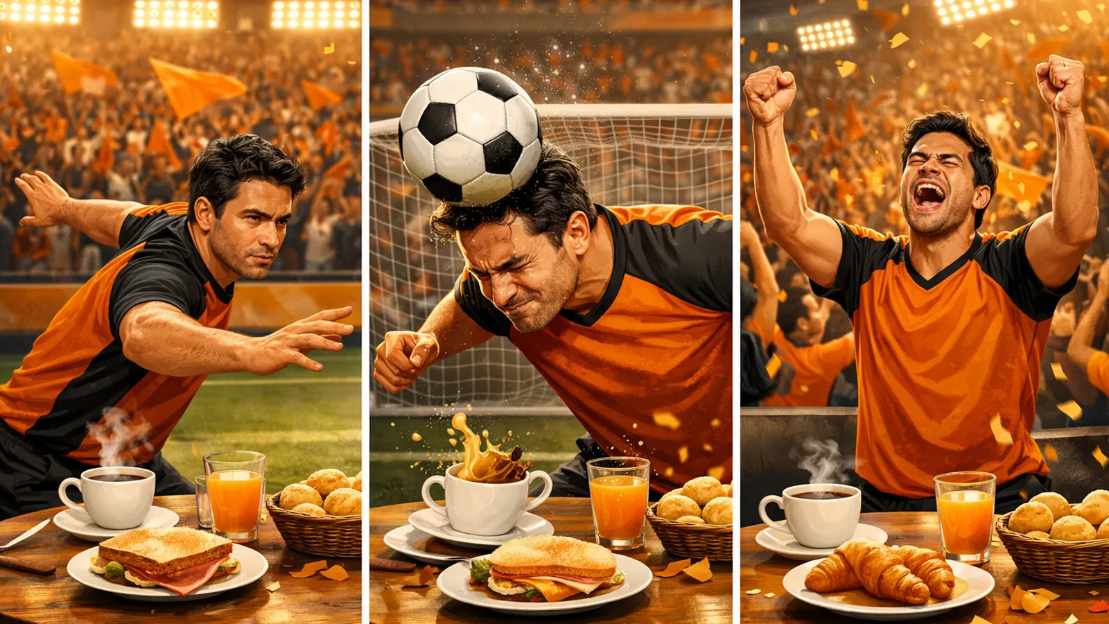 Três painéis mostram um homem com camisa laranja e preta em um estádio: no primeiro ele faz gesto de escanteio diante de uma mesa com café e alimentos; no segundo cabeceia uma bola sobre a mesa; no terceiro comemora com os braços erguidos. Há torcida e confetes ao fundo.