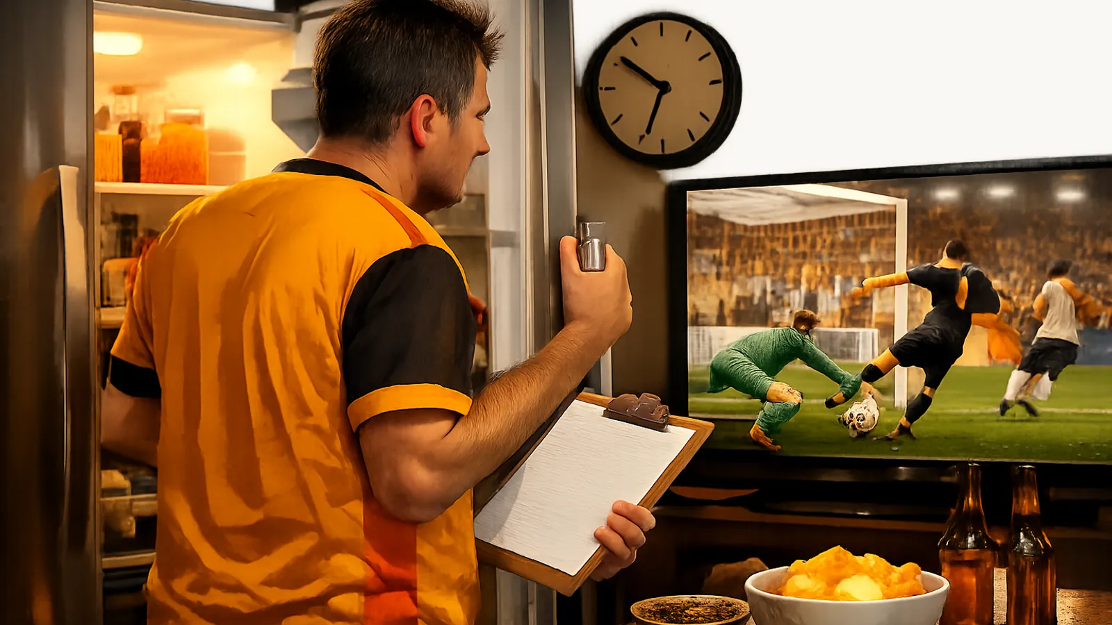 Homem de camisa laranja diante de uma geladeira aberta, olhando para uma TV que mostra uma partida de futebol; há alimentos e bebidas sobre o balcão.