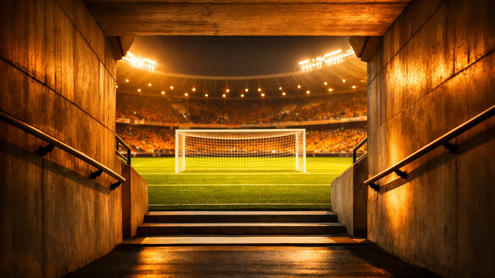 Fotografia realista do túnel de acesso de um estádio vazio com vista para o gramado iluminado, arquitetura de concreto e luz dourada.