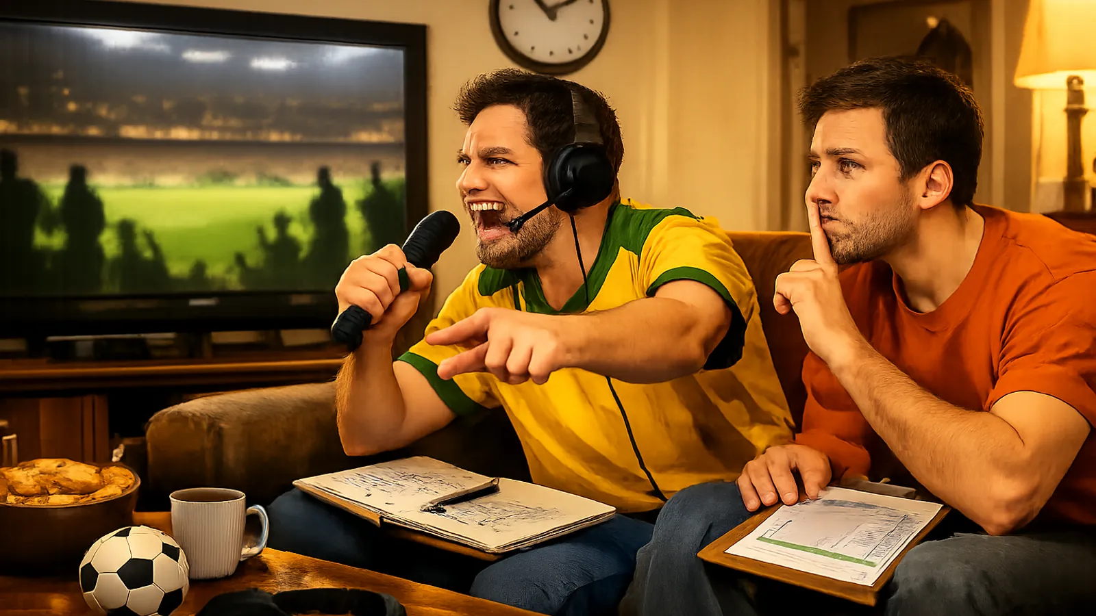 Duas pessoas sentadas em um sofá assistem a uma partida de futebol na televisão. Uma usa camisa amarela e fones de ouvido, fala em um microfone e aponta para a tela; a outra usa camisa laranja e segura uma prancheta. Há uma bola de futebol, uma caneca, um caderno e petiscos sobre a mesa.