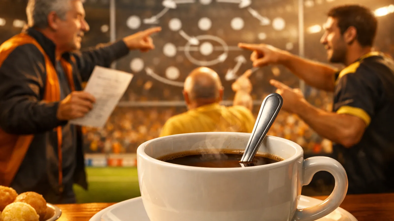 Xícara de café com colher em primeiro plano sobre uma mesa; ao fundo, três homens em um estádio apontam para um quadro com diagrama de formação de futebol.