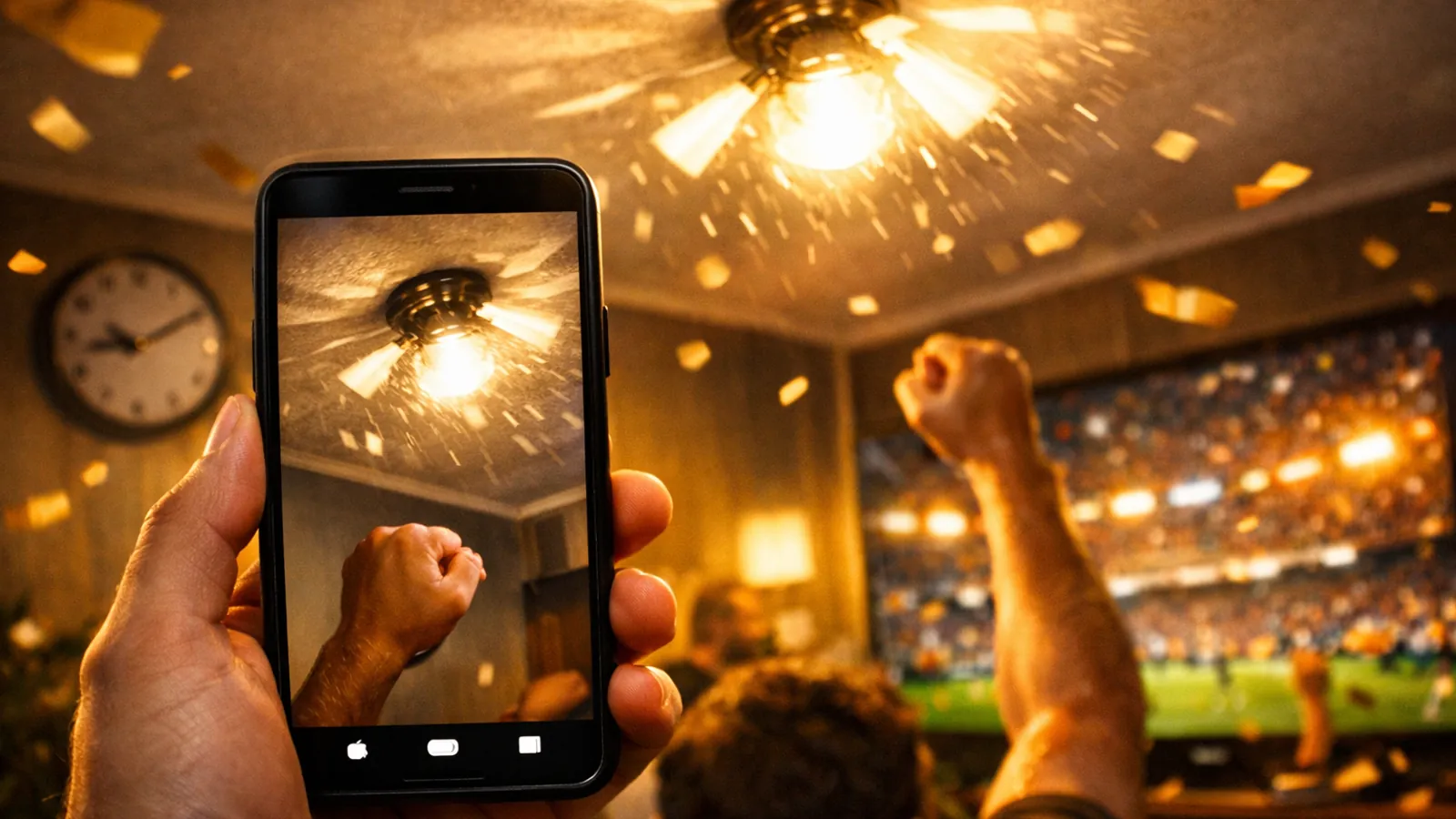 Mão segurando um celular cuja tela mostra uma luz de teto com ventilador e um braço erguido; ao fundo, uma pessoa vista de costas diante de uma televisão com partida de futebol.