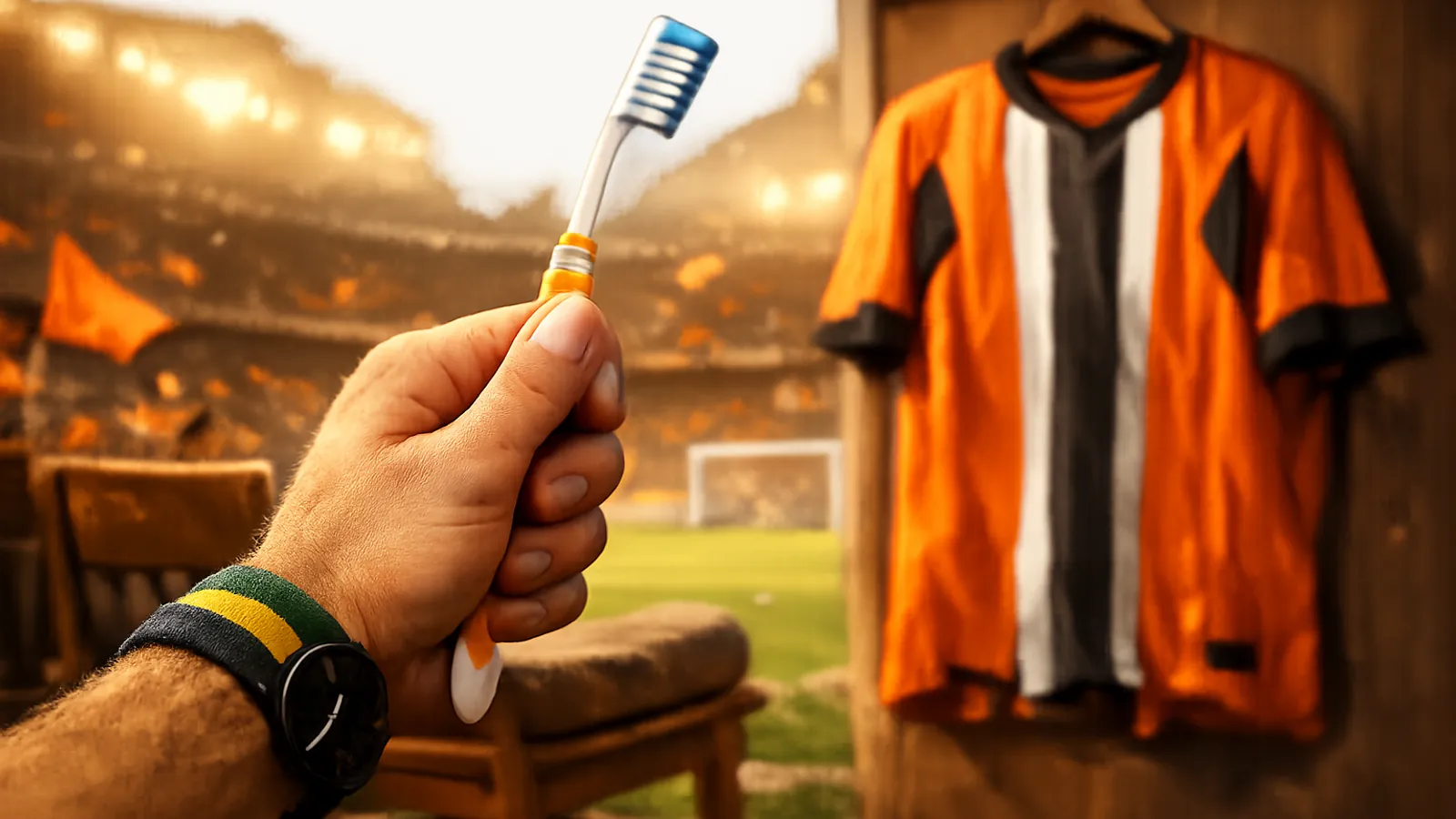 Braço com pulseiras coloridas e relógio segurando uma escova de dentes diante de uma camisa listrada pendurada, com estádio desfocado ao fundo.