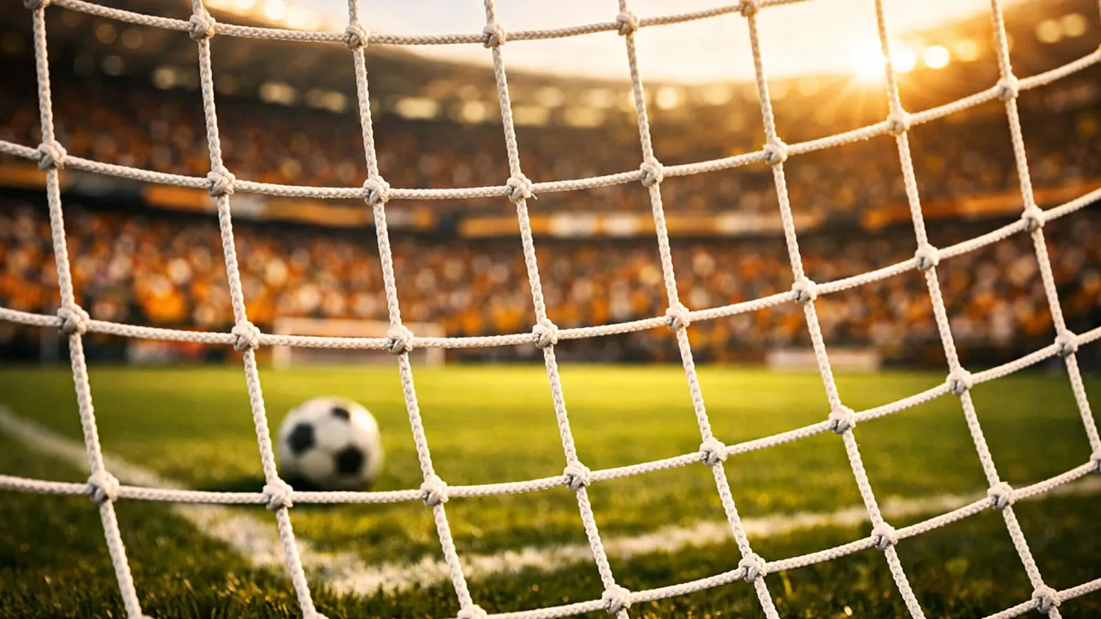 Fotografia realista da rede de um gol de futebol em primeiro plano, campo ao fundo, luz natural de manhã e profundidade de campo.