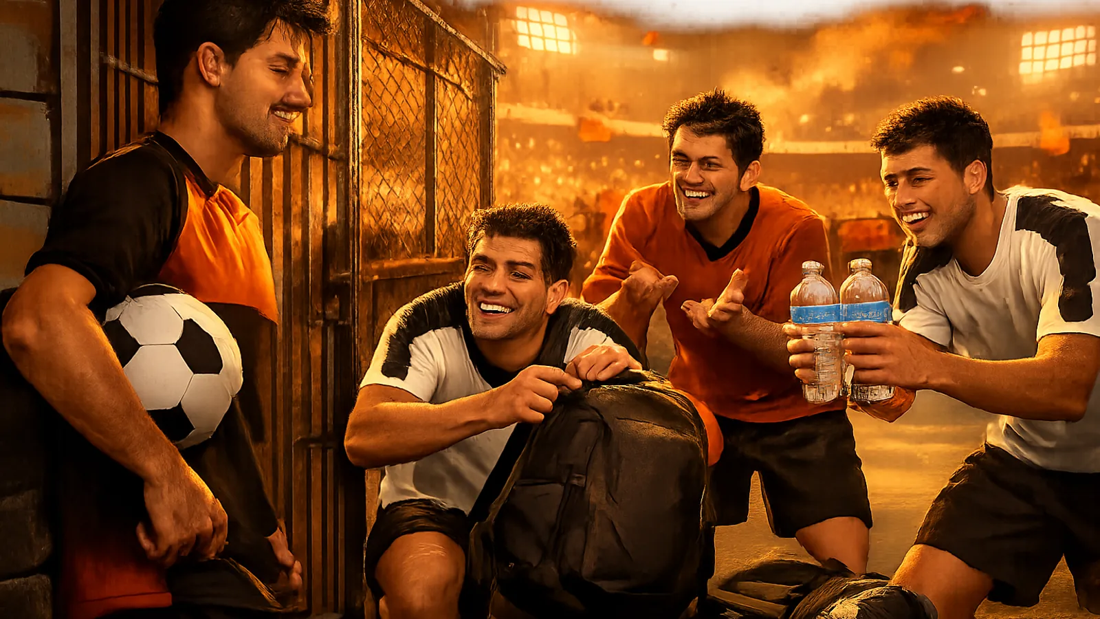 Quatro jogadores de futebol perto de um portão em um estádio iluminado; um segura uma bola sob o braço, outro está junto a uma mochila e dois oferecem garrafas de água.