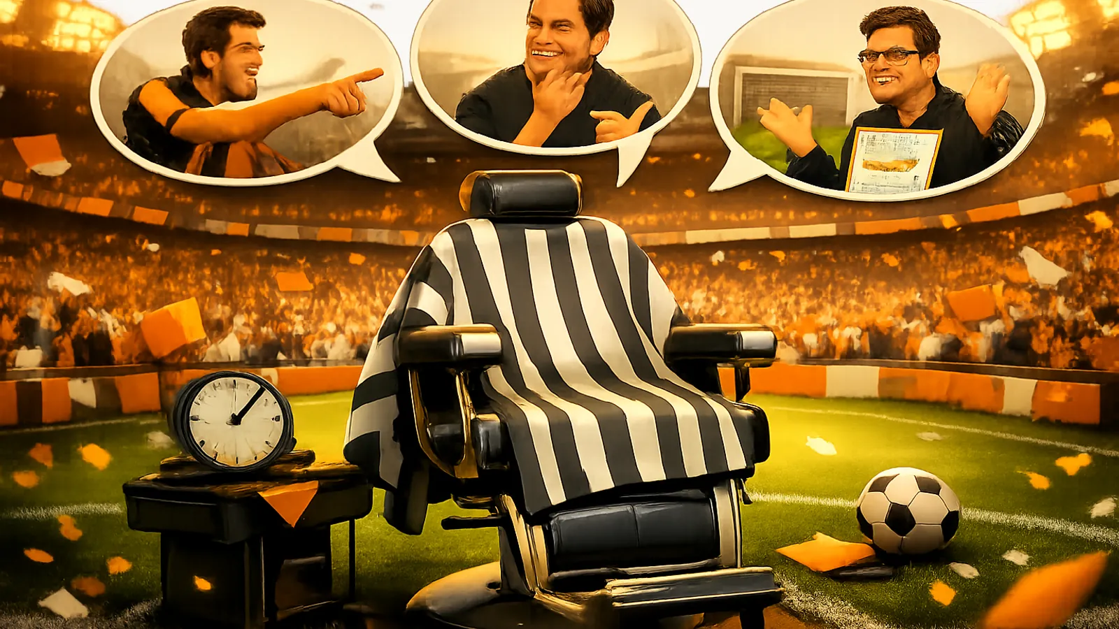 Cadeira de barbeiro vazia com capa listrada preta e branca em um gramado de estádio iluminado. Acima, três balões de fala mostram homens gesticulando; há uma bola de futebol, um relógio e papéis alaranjados espalhados.