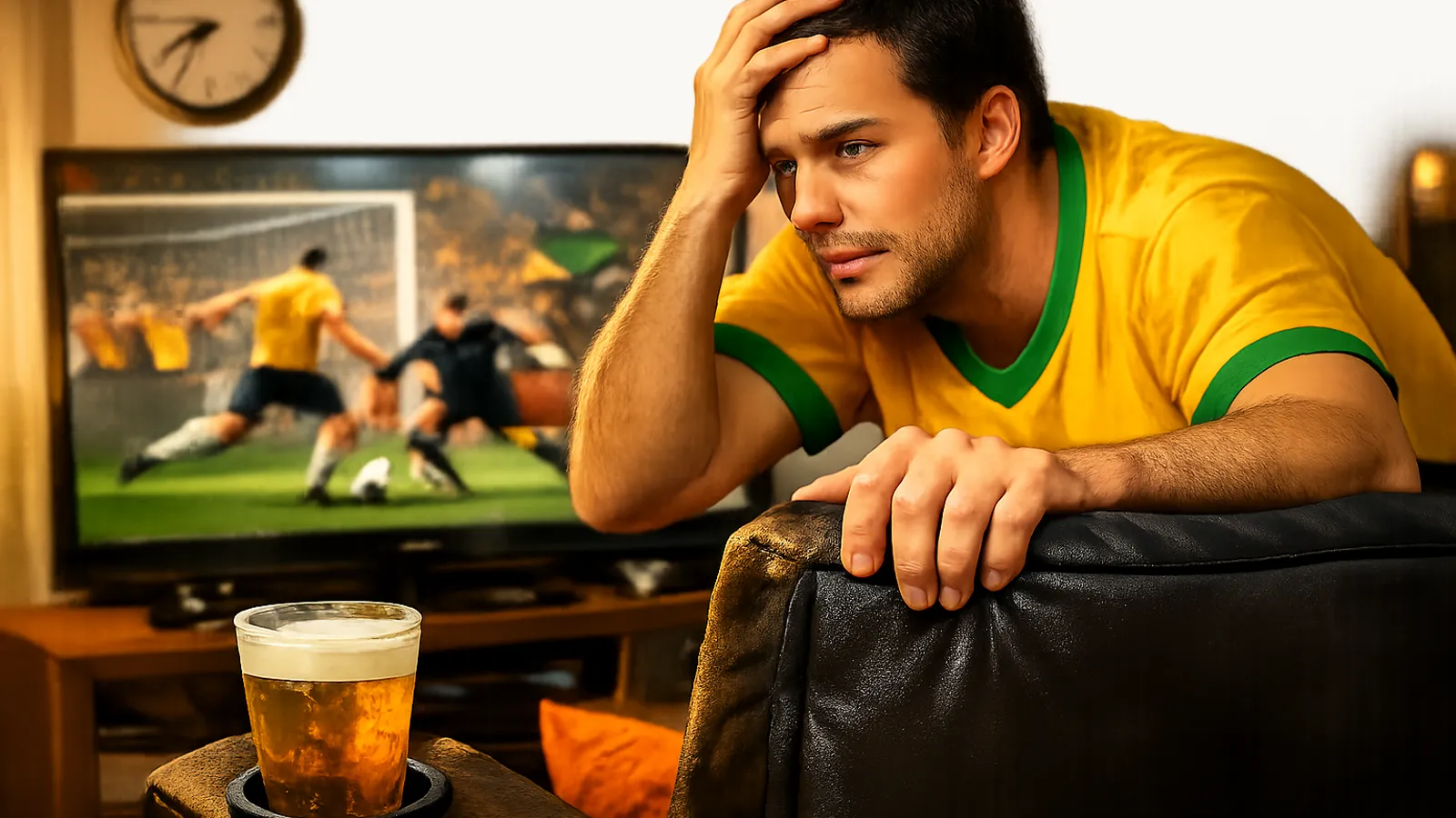 Homem com camisa amarela e verde, tenso atrás de um sofá, observa uma jogada de futebol na TV; um copo de bebida está apoiado em um porta-copo ao lado.