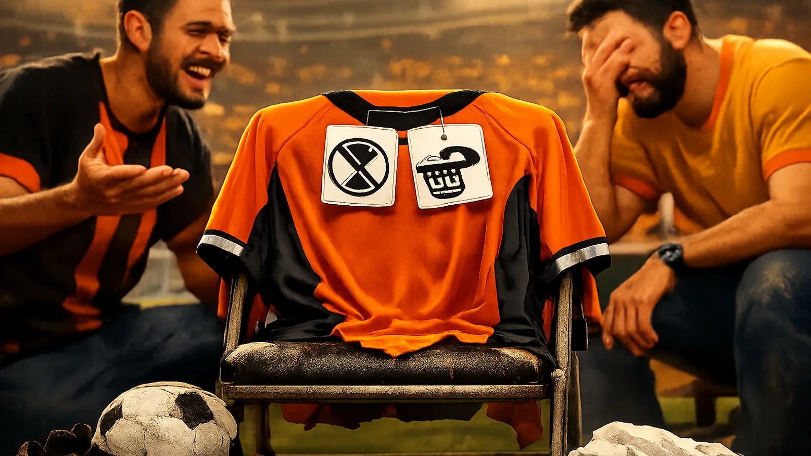 Dois homens sentados em um estádio olham para uma camisa laranja e preta pendurada sobre uma cadeira; a camisa tem duas etiquetas ilustradas no peito, e há uma bola e roupas amassadas no chão.
