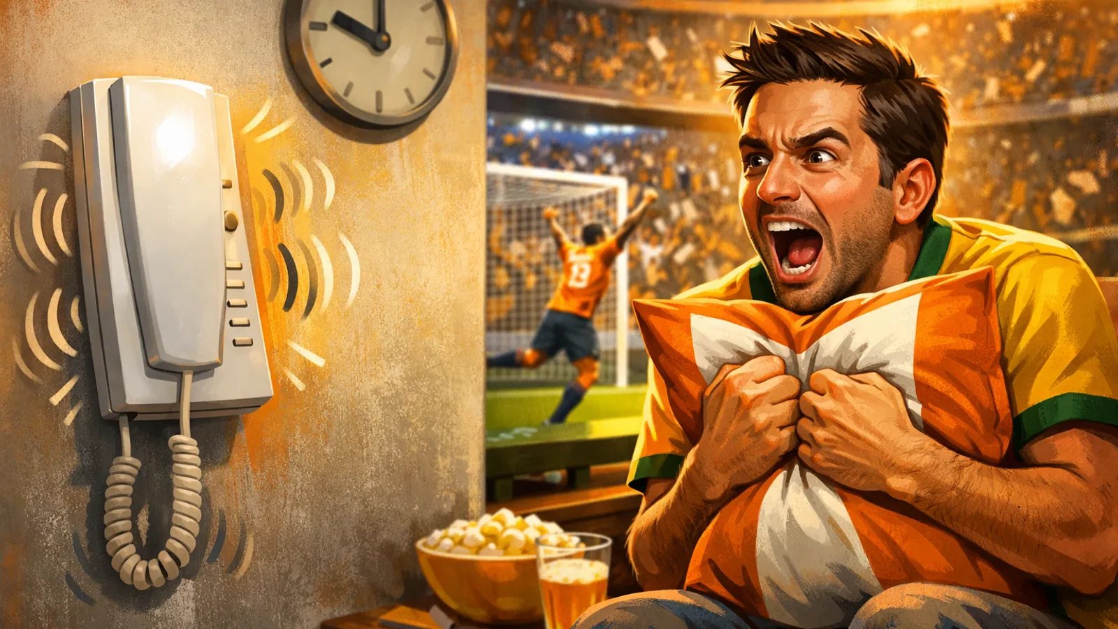 Ilustração de um interfone branco vibrando na parede ao lado de um homem sentado apertando uma almofada laranja e branca, com um estádio iluminado ao fundo.