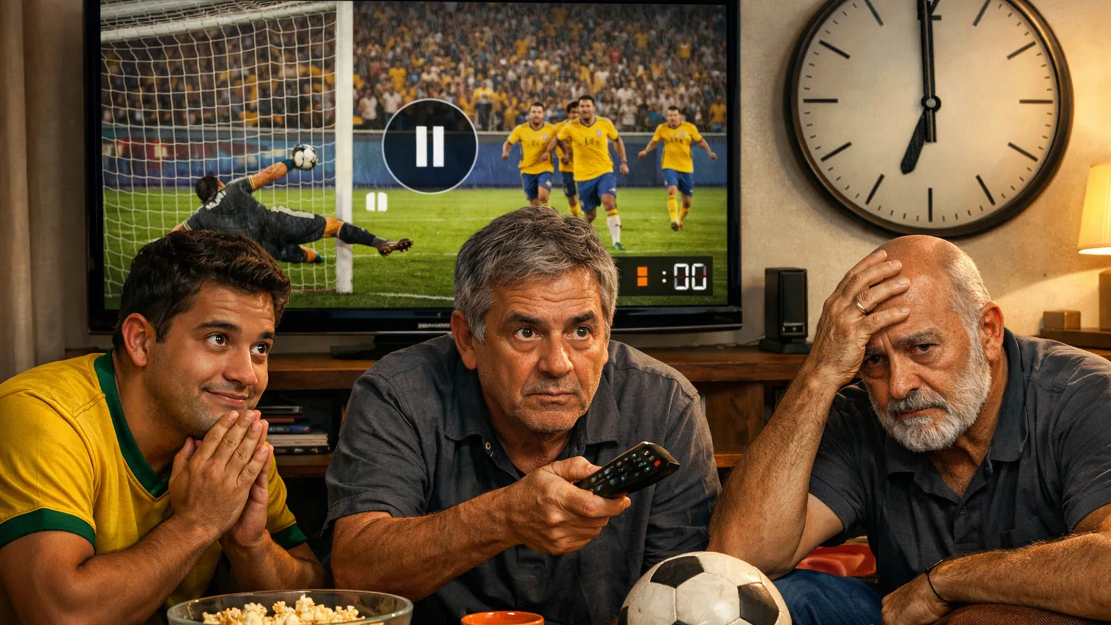 Três homens sentados em uma sala assistem a uma TV com uma partida de futebol pausada; o homem ao centro segura um controle remoto, há uma bola e petiscos sobre a mesa e um relógio na parede ao fundo.