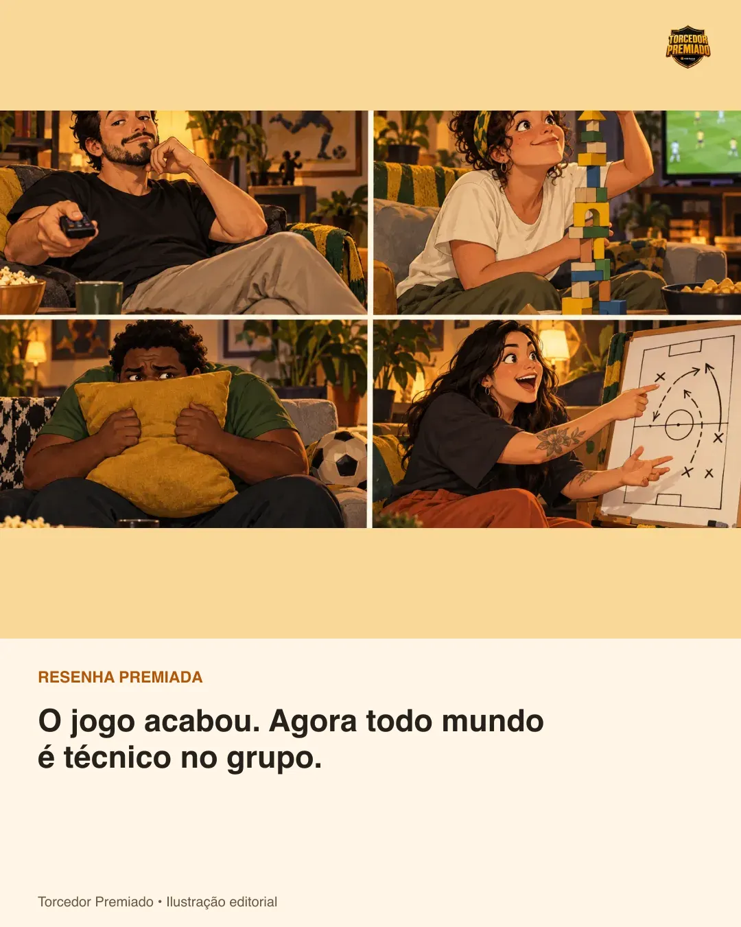 O jogo acabou. Agora todo mundo é técnico no grupo. — card para compartilhar.