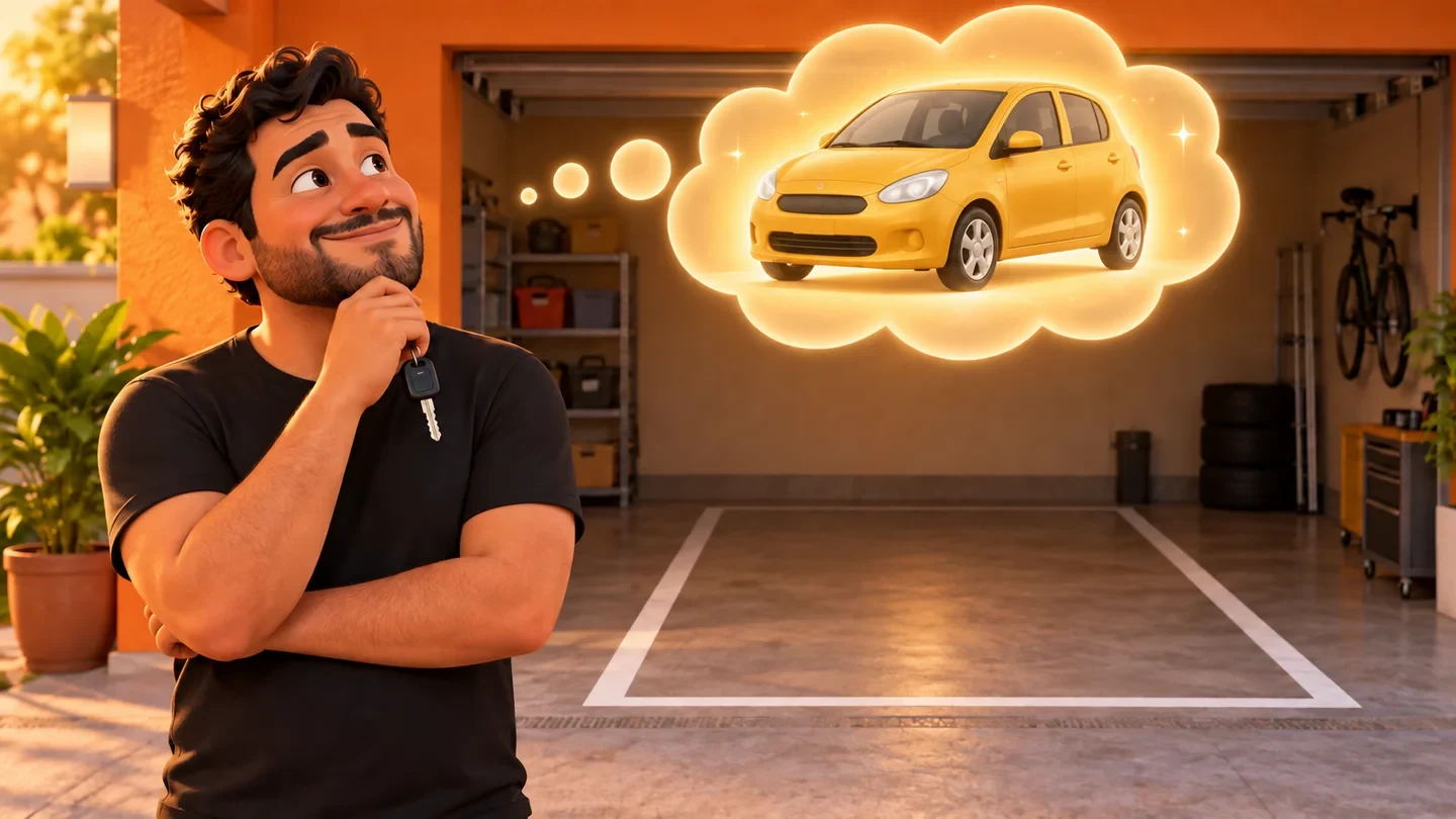 Família fictícia imagina a primeira volta num carro genérico, com a garagem como ponto de encontro.