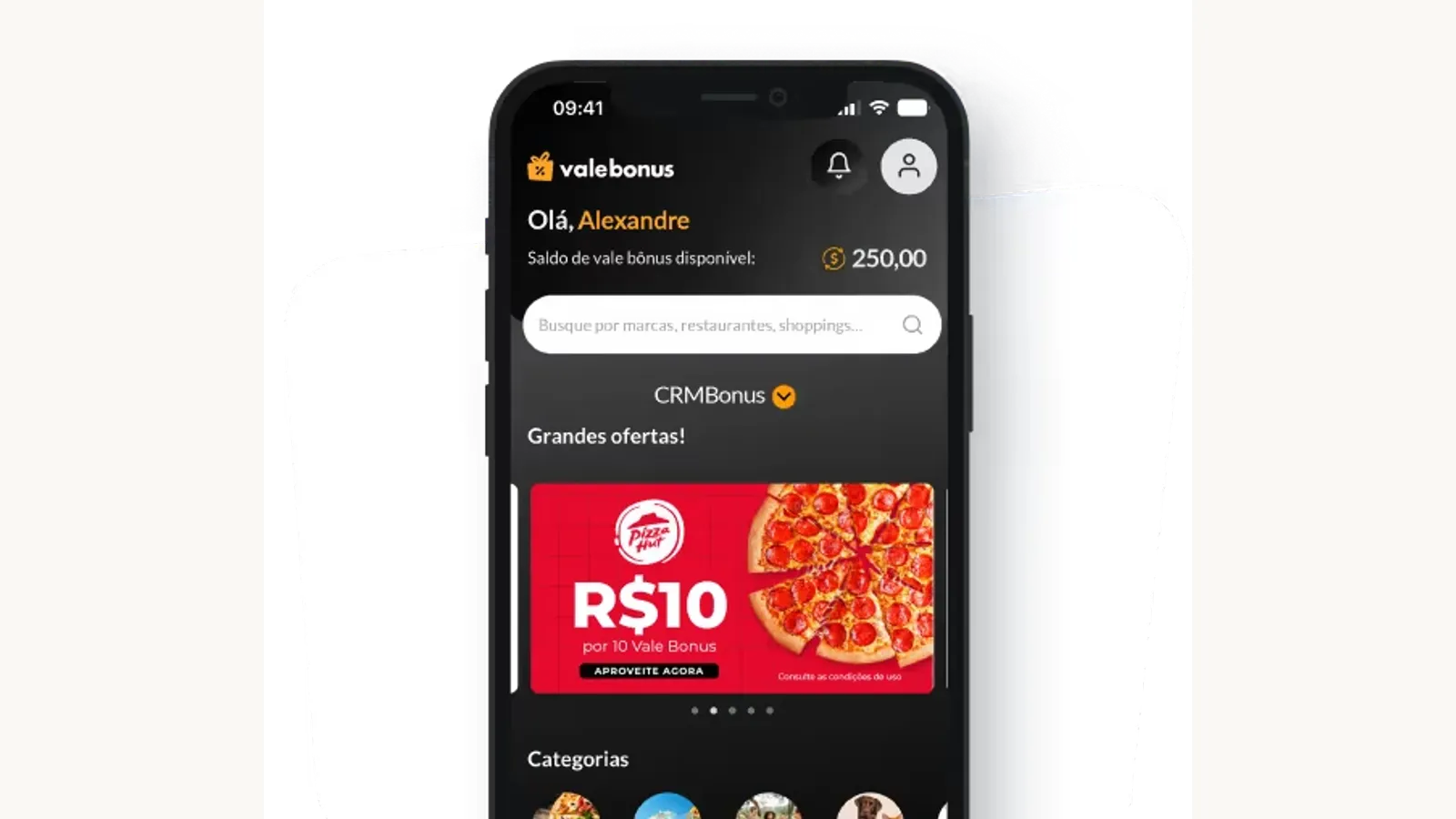 Imagem ilustrativa do aplicativo Vale Bonus; ofertas e saldo mostrados não representam condições atuais.