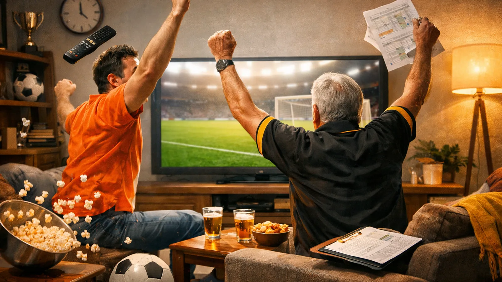 Dois homens vistos de costas comemoram em uma sala, com os braços erguidos diante de uma TV mostrando um campo de futebol. Há um controle remoto no ar, pipoca espalhada, copos sobre a mesa e uma bola de futebol no chão.