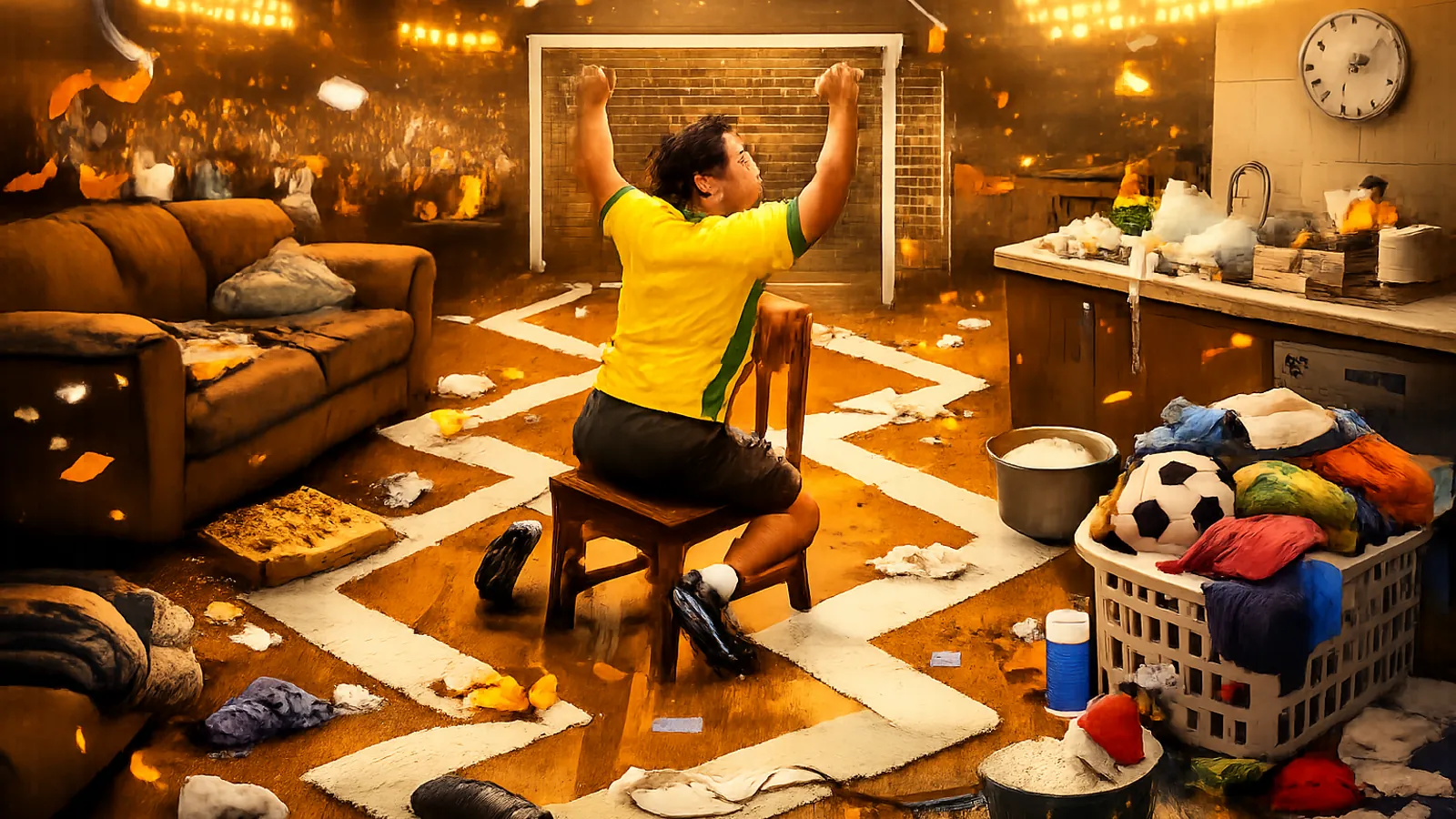 Ilustração de um trajeto entre sofá, cozinha e lavanderia; o controle remoto ficou sozinho no sofá guardando o lugar.