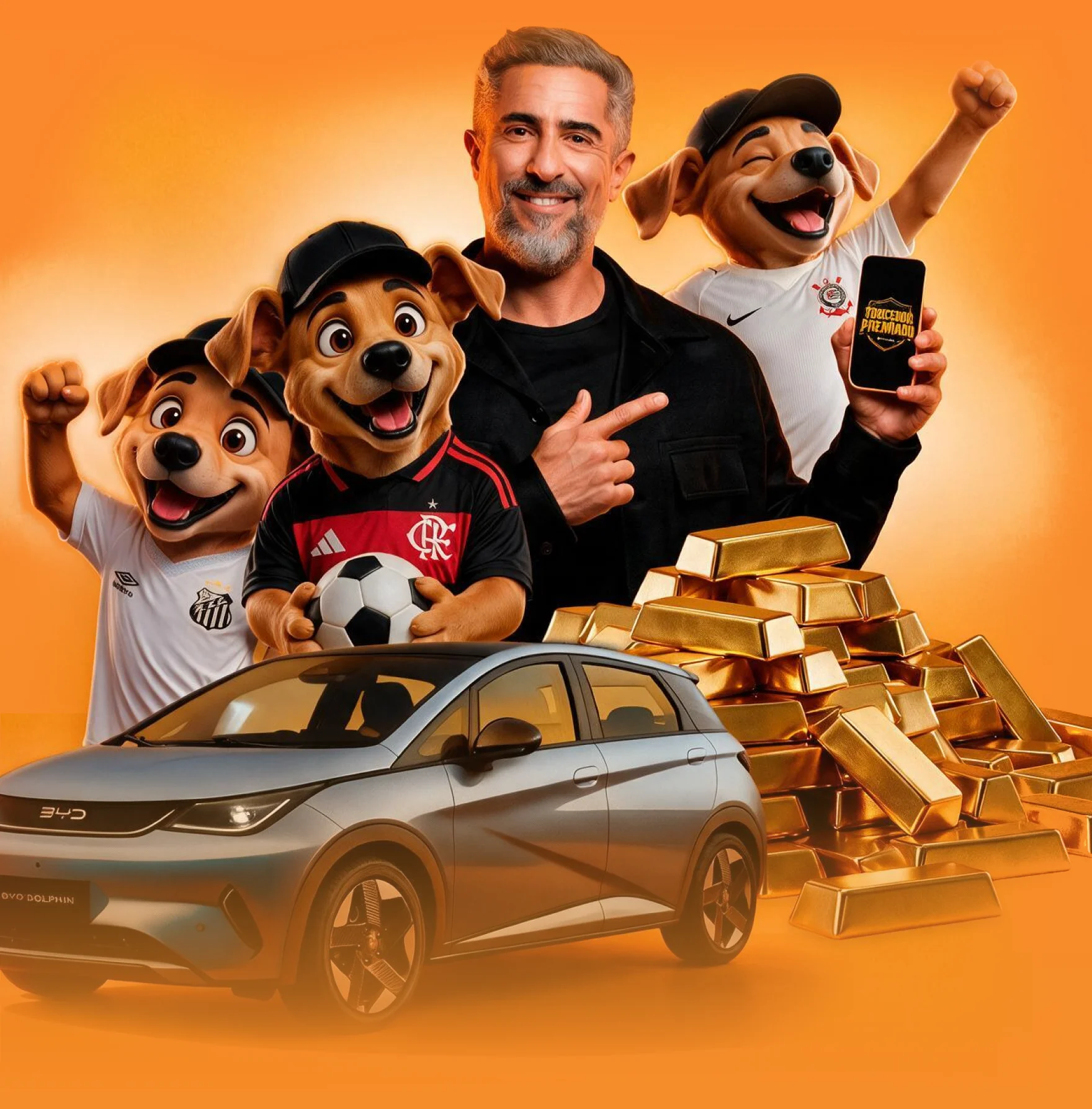 Marcos Mion e os mascotes caramelos do Torcedor Premiado com um BYD 0km e barras de ouro