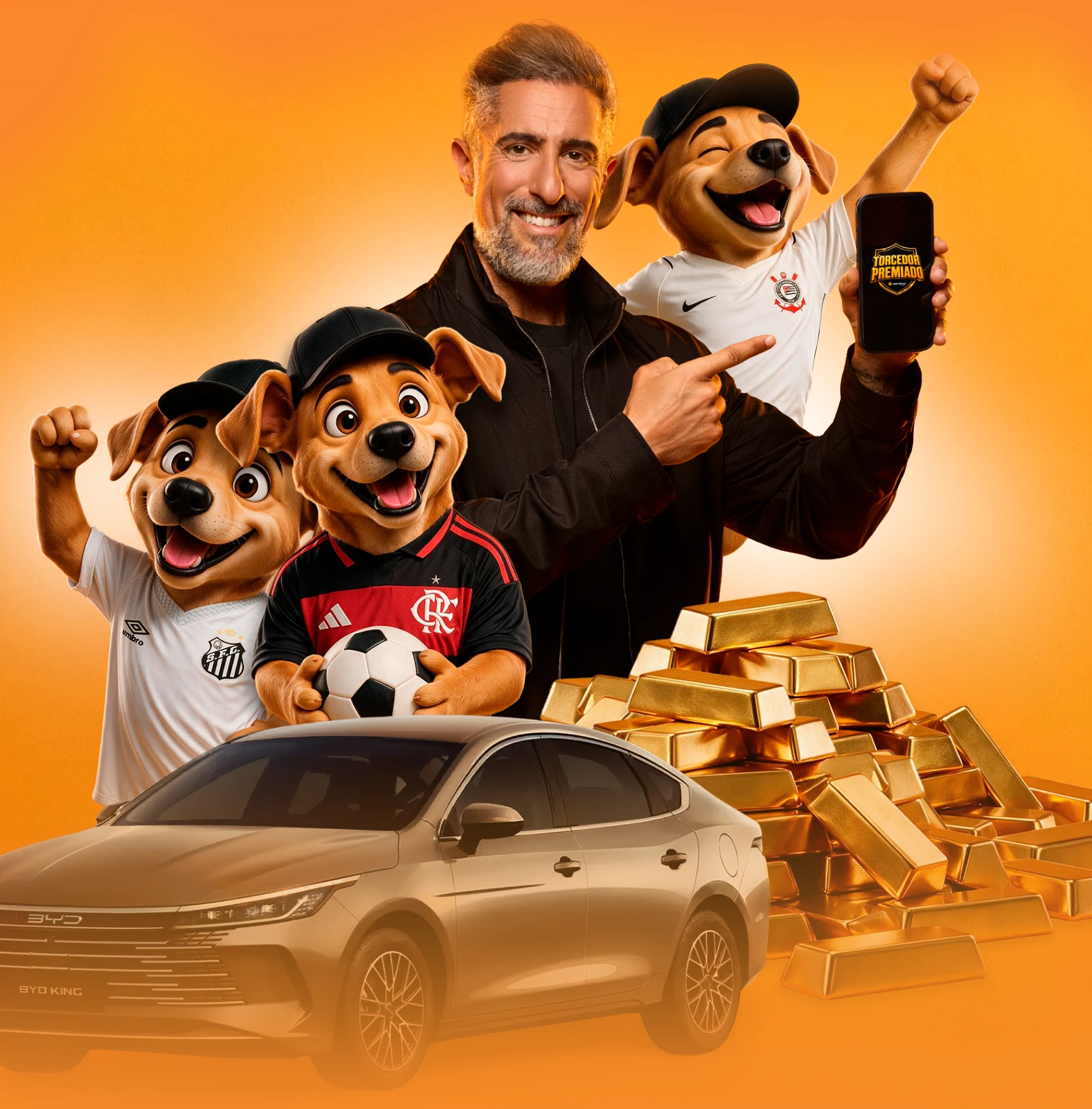 Marcos Mion e os mascotes caramelos do Torcedor Premiado com um BYD 0km e barras de ouro