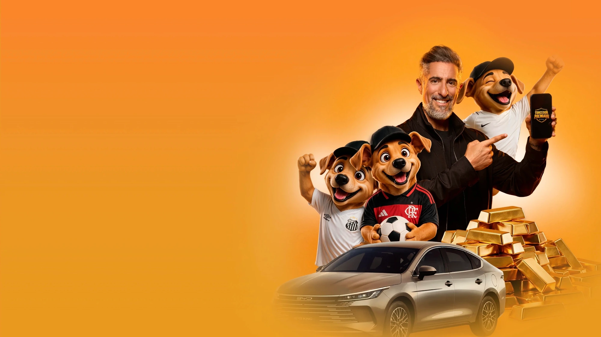 Marcos Mion e os mascotes caramelos em campanha oficial do Torcedor Premiado